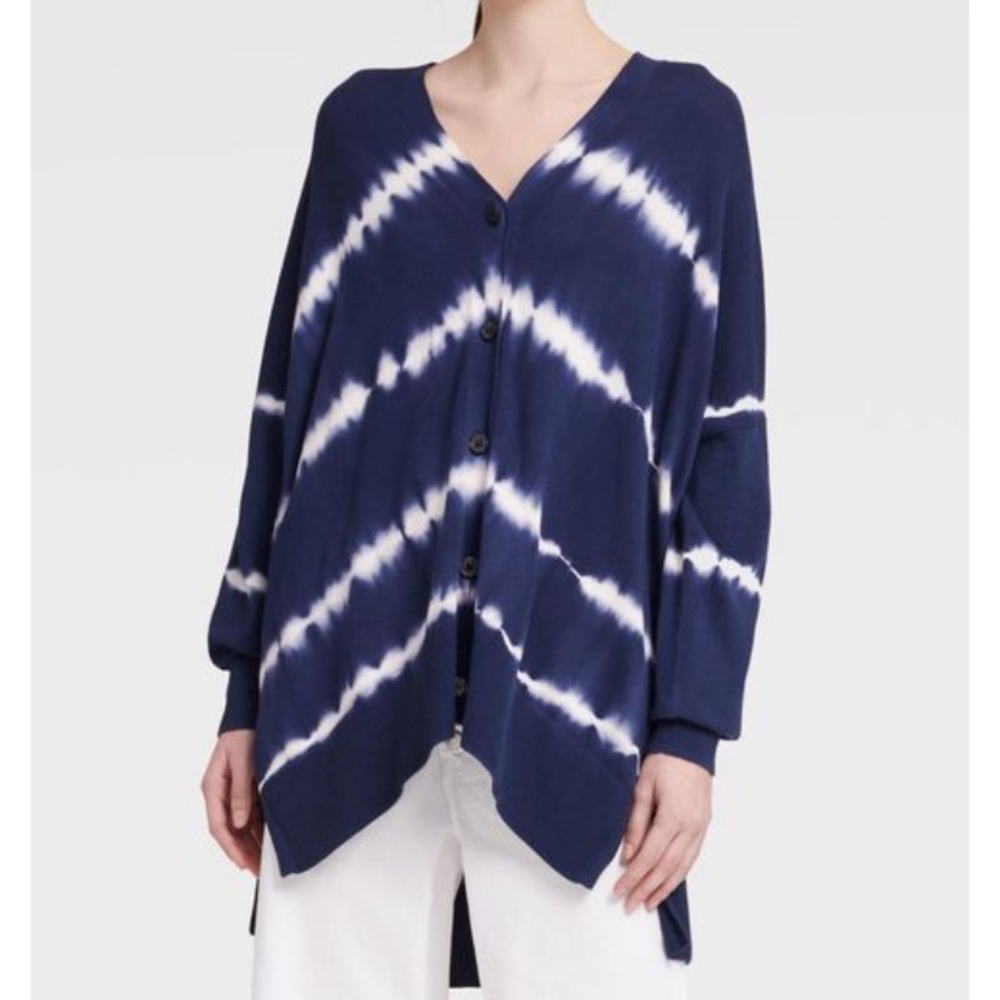 DKNY Blue White Tie Dye V Neck Button Front Cotton Cardigan Sweater Medium